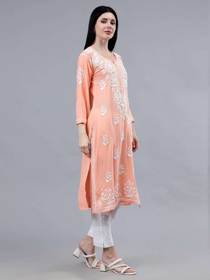 women chikankari three quarter sleeve straight kurta - 22053656 -  Standard Image - 2