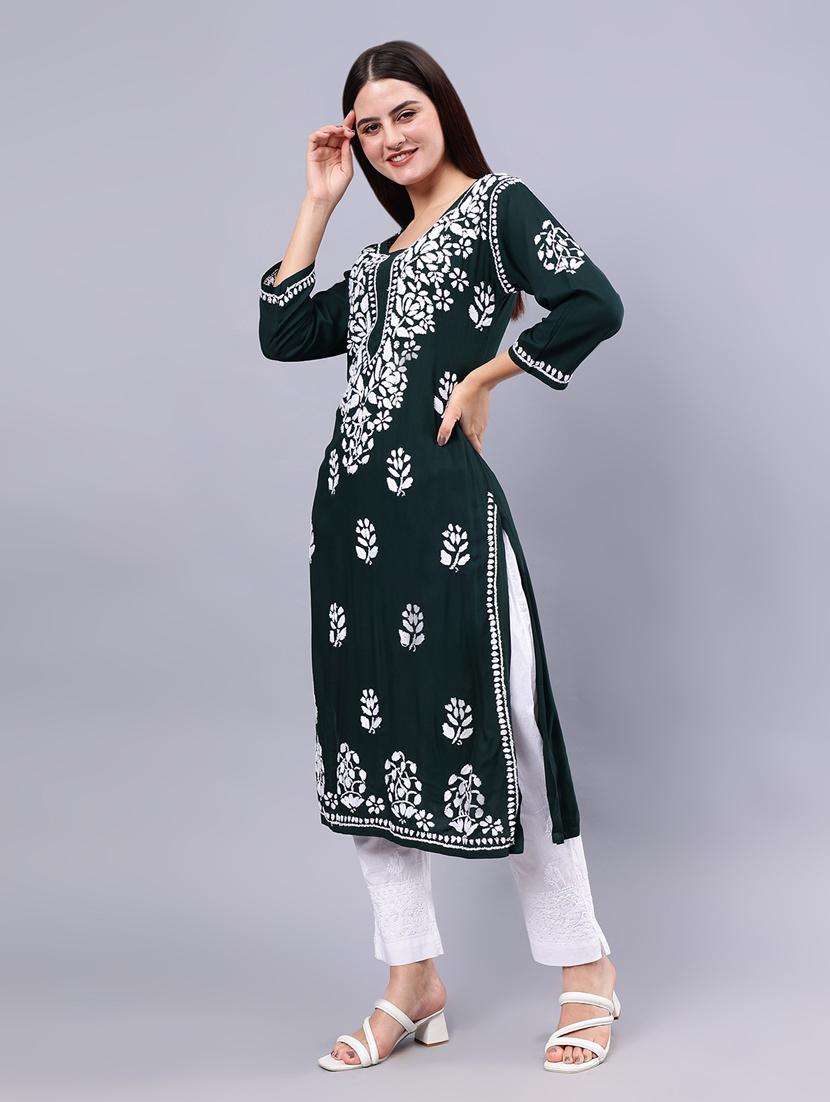 women chikankari three quarter sleeve straight kurta - 22053657 -  Standard Image - 2