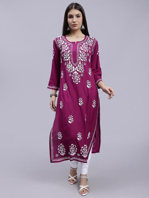 women chikankari three quarter sleeve straight kurta - 22053659 -  Standard Image - 0