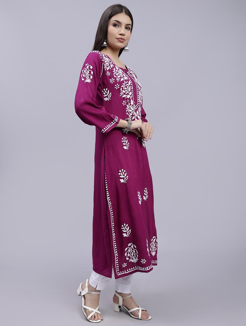 women chikankari three quarter sleeve straight kurta - 22053659 - Standard Image - 2