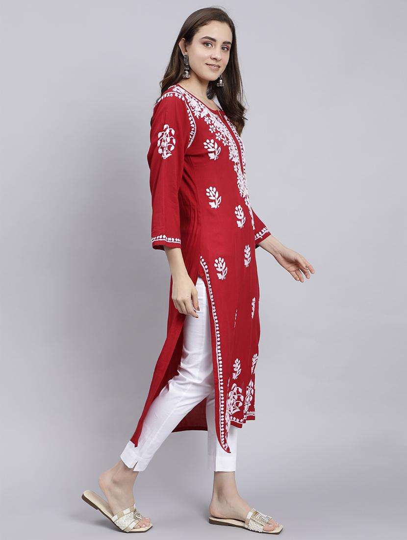 women chikankari three quarter sleeve straight kurta - 22053660 -  Standard Image - 2