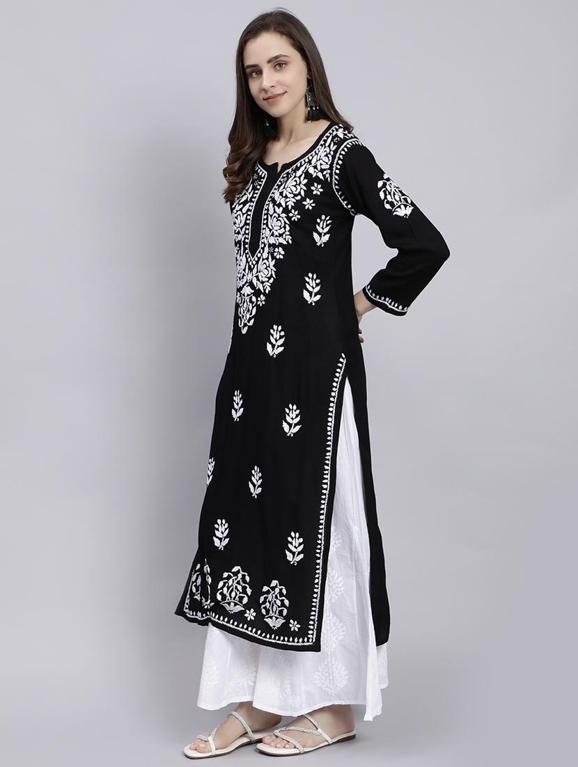 women chikankari three quarter sleeve straight kurta - 22053661 - Standard Image - 2