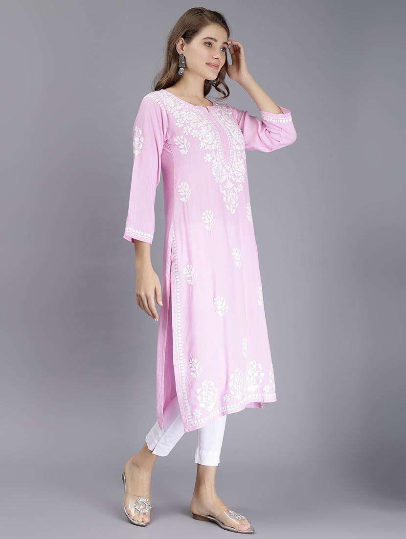 women chikankari three quarter sleeve straight kurta - 22053662 -  Standard Image - 2