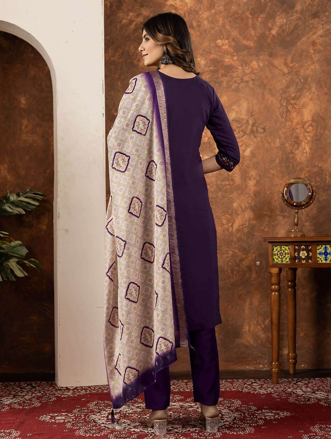 women embroidered three quarter sleeve kurta pant with dupatta set - 22053740 -  Standard Image - 2