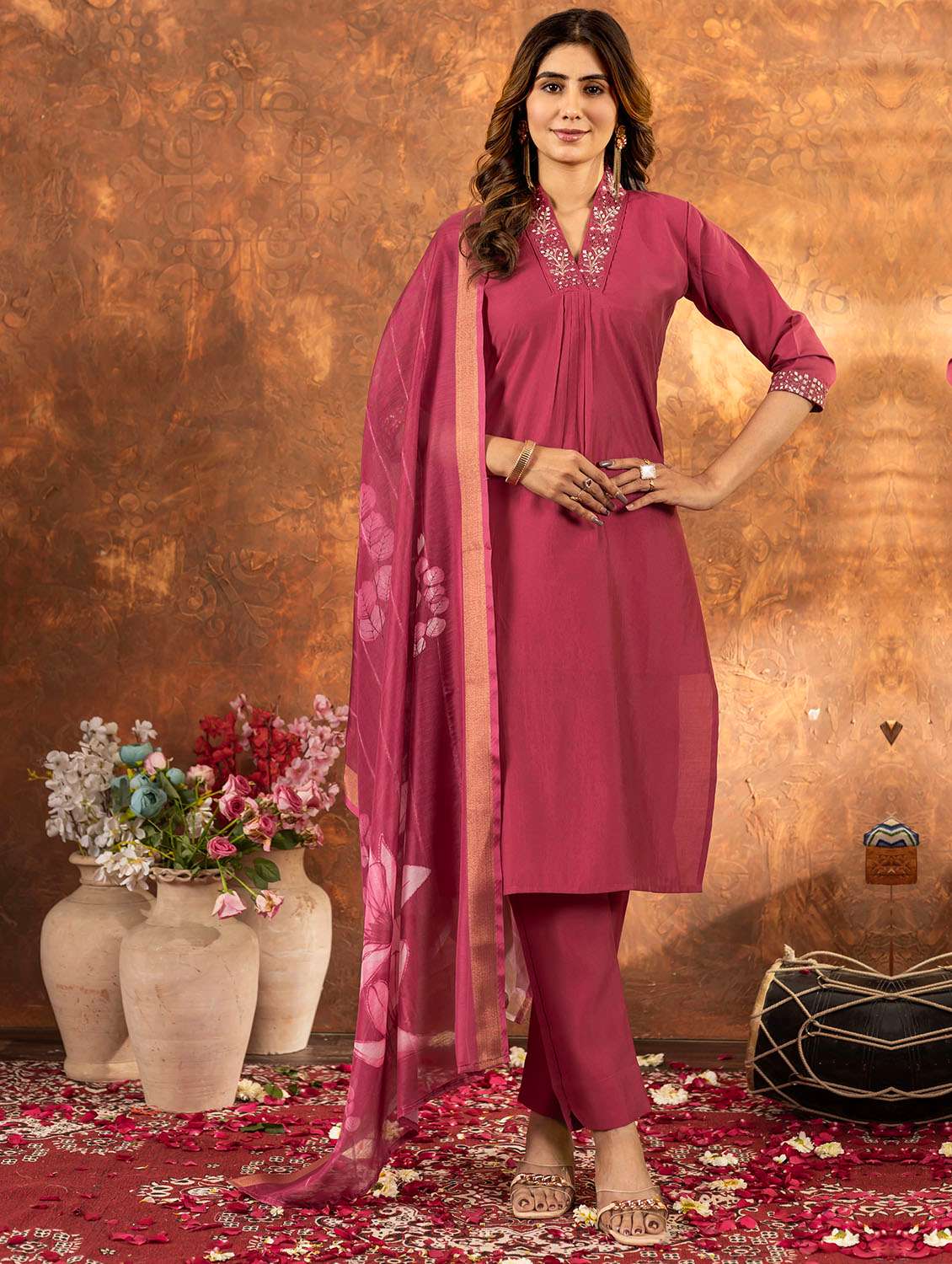 women embroidered three quarter sleeve kurta pant with dupatta set