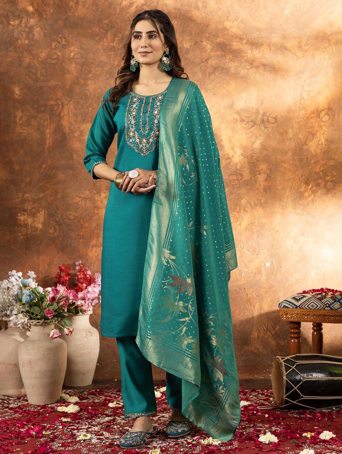 women embroidered three quarter sleeve kurta pant with dupatta set