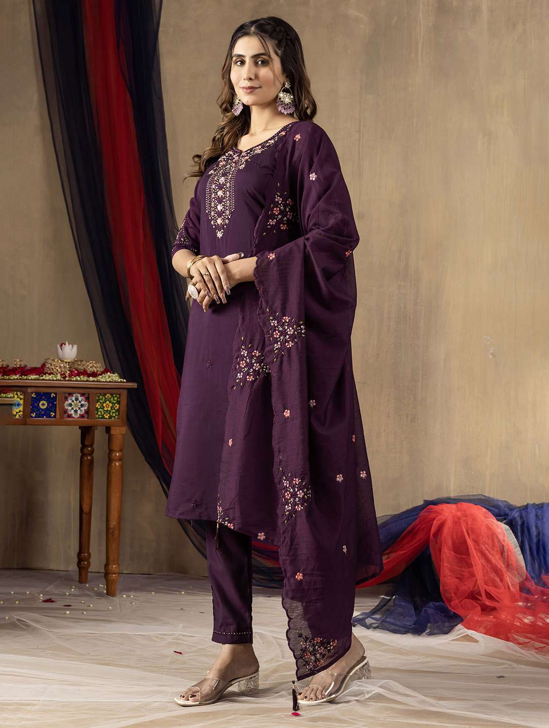 women embroidered three quarter sleeve kurta pant with dupatta set - 22053748 -  Standard Image - 2