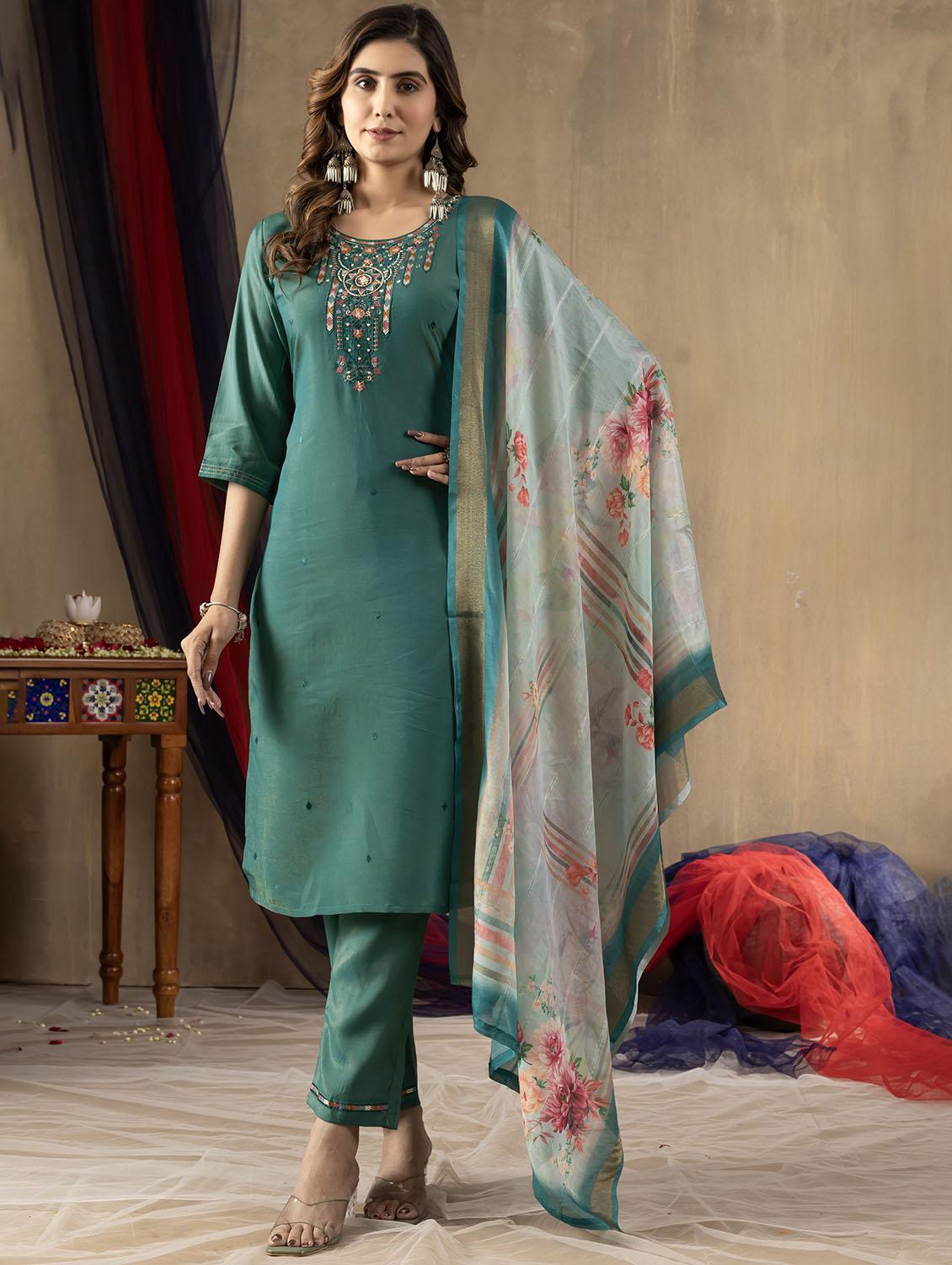 women embroidered three quarter sleeve kurta pant with dupatta set - 22053751 - Standard Image - 2
