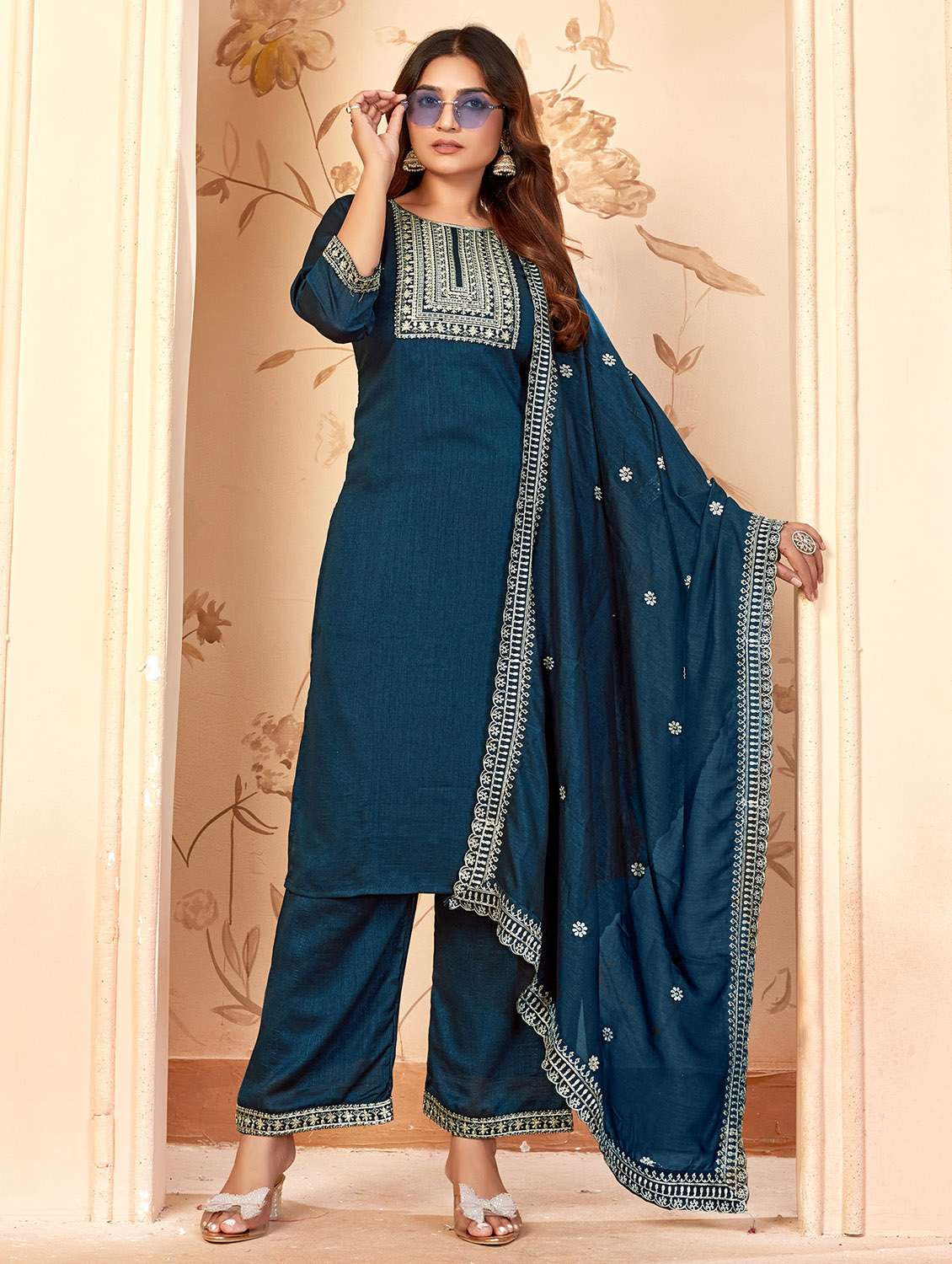 women embroidered three quarter sleeve kurta palazzo with dupatta set