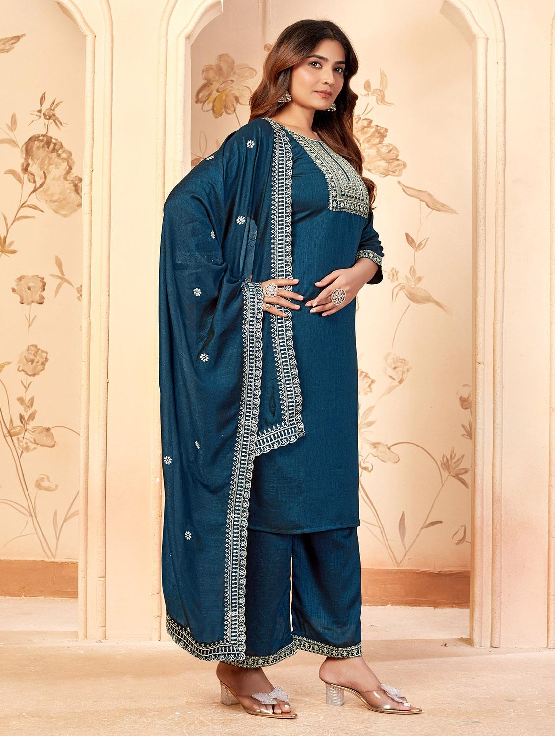 women embroidered three quarter sleeve kurta palazzo with dupatta set - 22053756 - Standard Image - 2