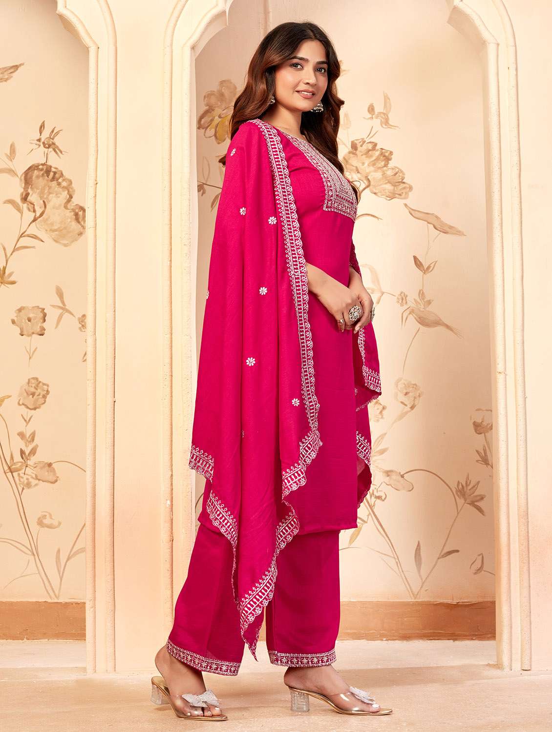 women embroidered three quarter sleeve kurta palazzo with dupatta set - 22053757 -  Standard Image - 2