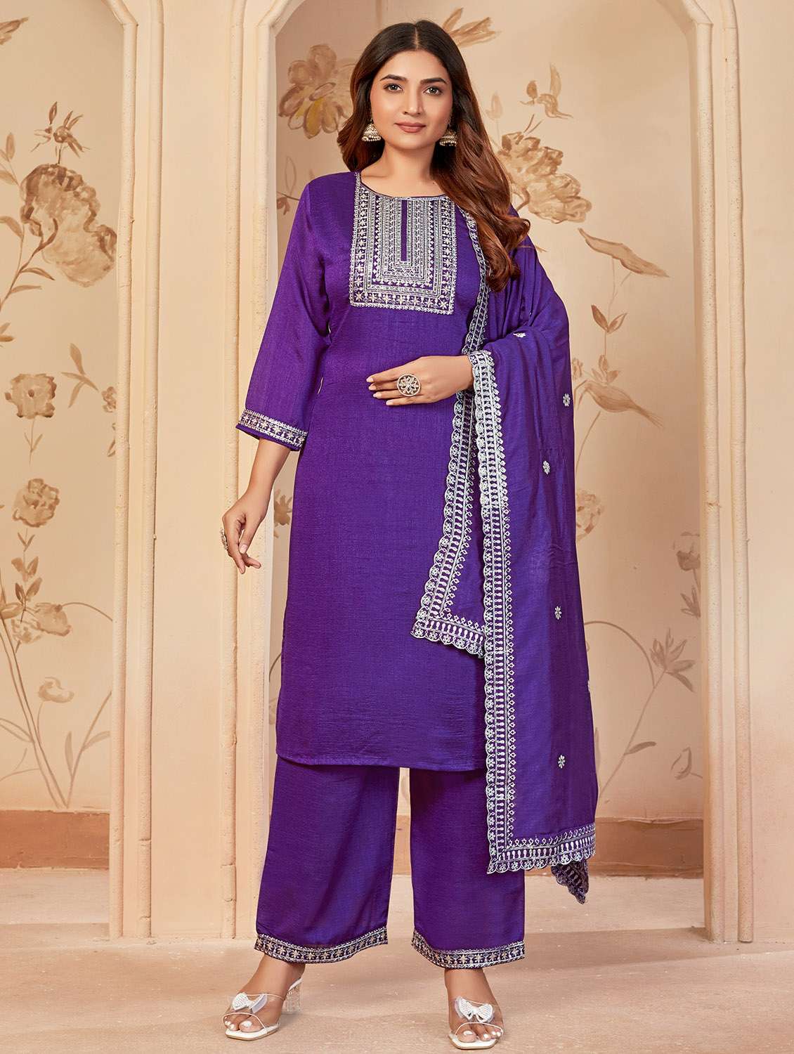 women embroidered three quarter sleeve kurta palazzo with dupatta set