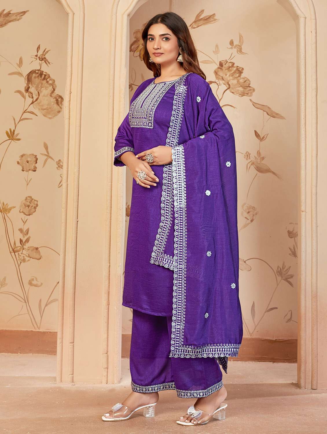 women embroidered three quarter sleeve kurta palazzo with dupatta set - 22053758 -  Standard Image - 2