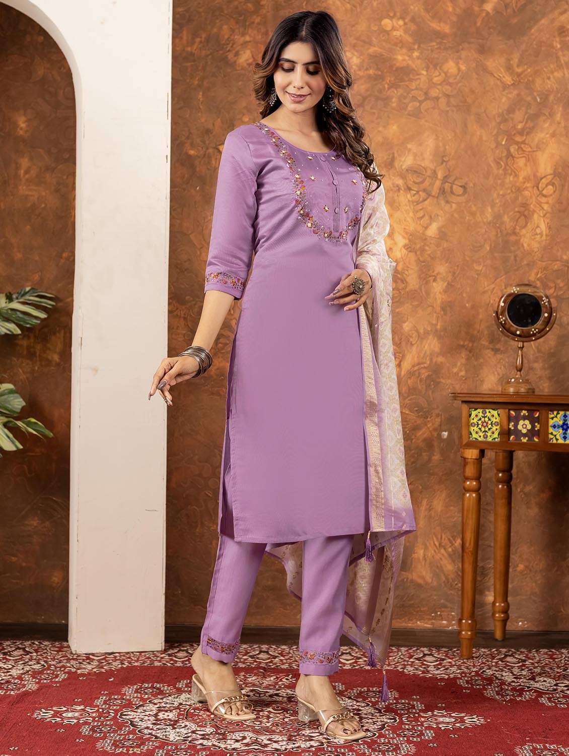 women embroidered three quarter sleeve kurta pant with dupatta set - 22053763 -  Standard Image - 2
