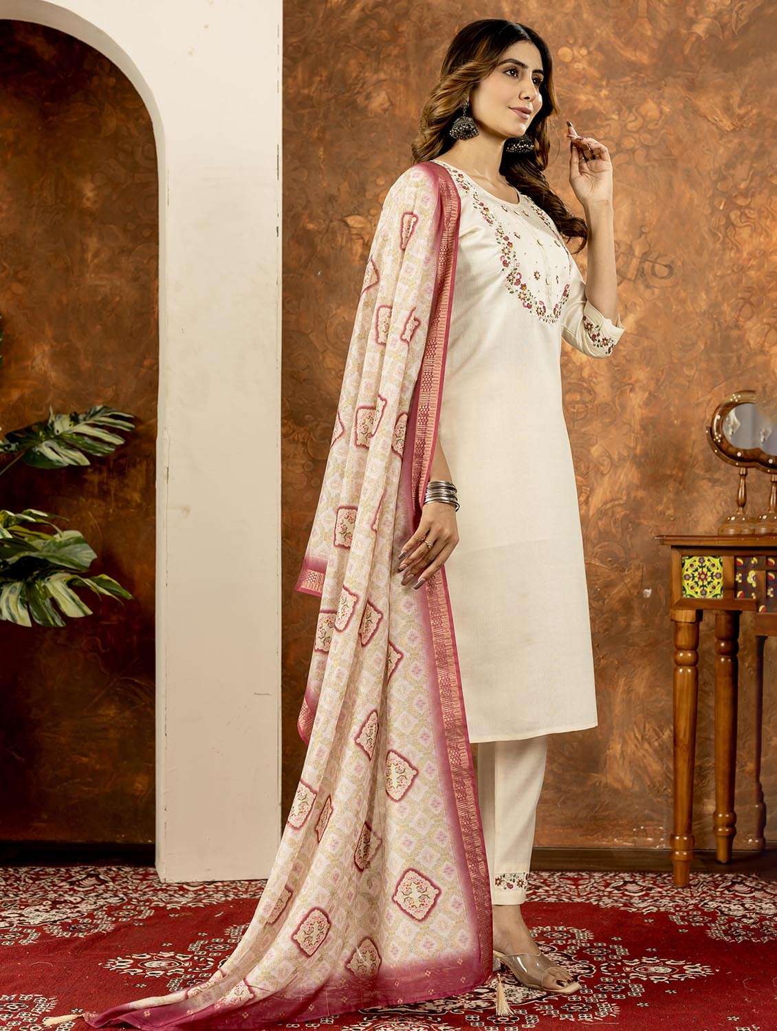 women embroidered three quarter sleeve kurta pant with dupatta set - 22053764 - Standard Image - 2