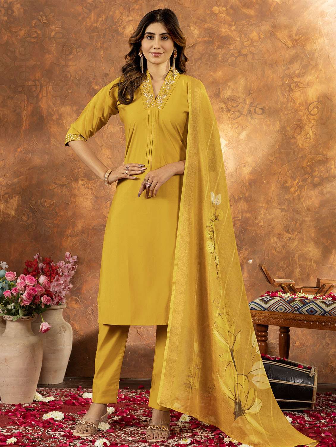 women embroidered three quarter sleeve kurta pant with dupatta set