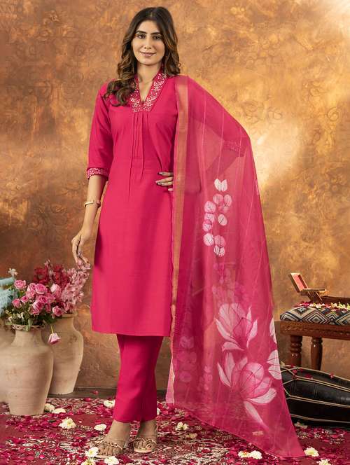 women embroidered three quarter sleeve kurta pant with dupatta set - 22053770 - Standard Image - 0