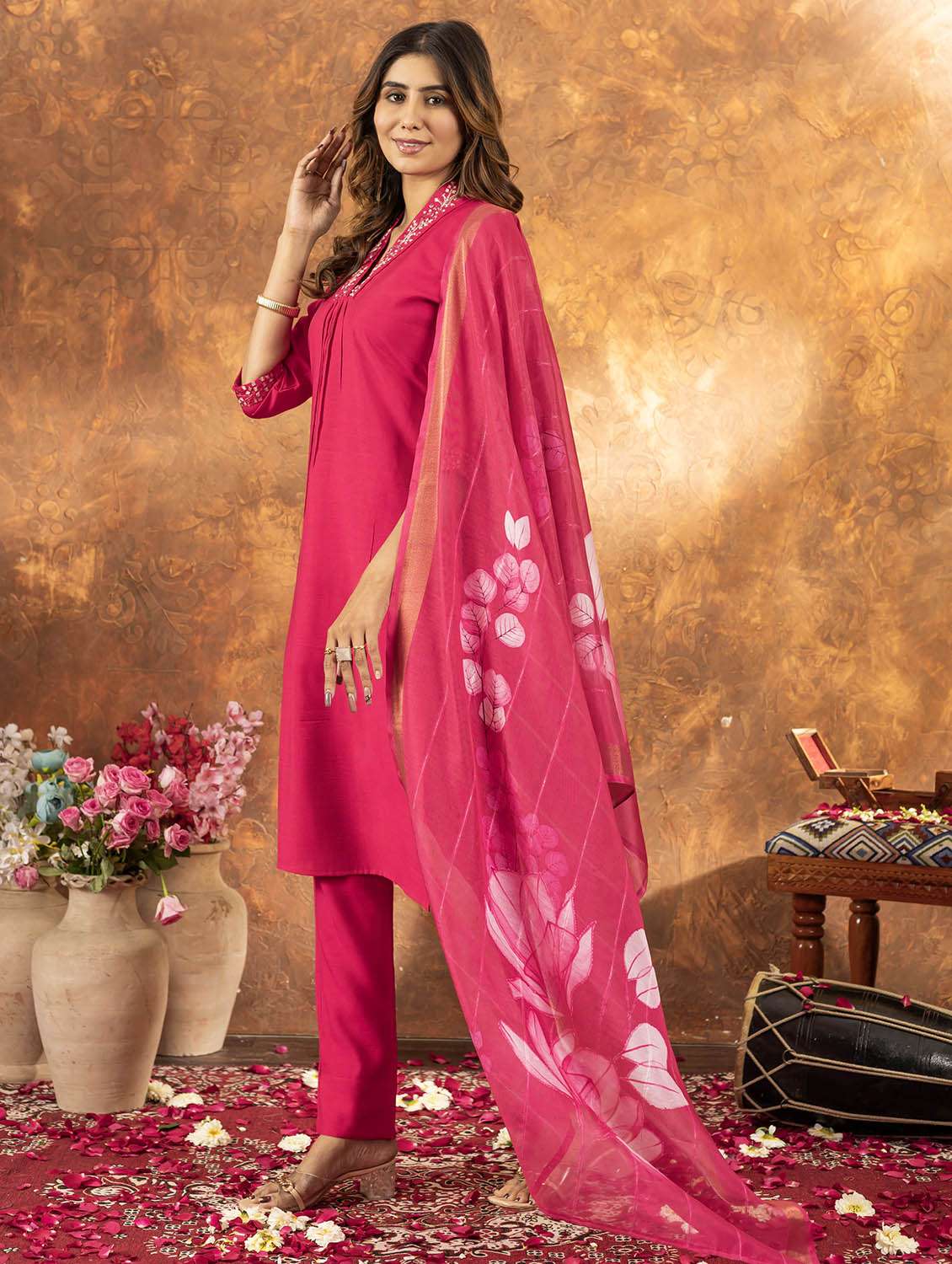 women embroidered three quarter sleeve kurta pant with dupatta set - 22053770 - Standard Image - 2