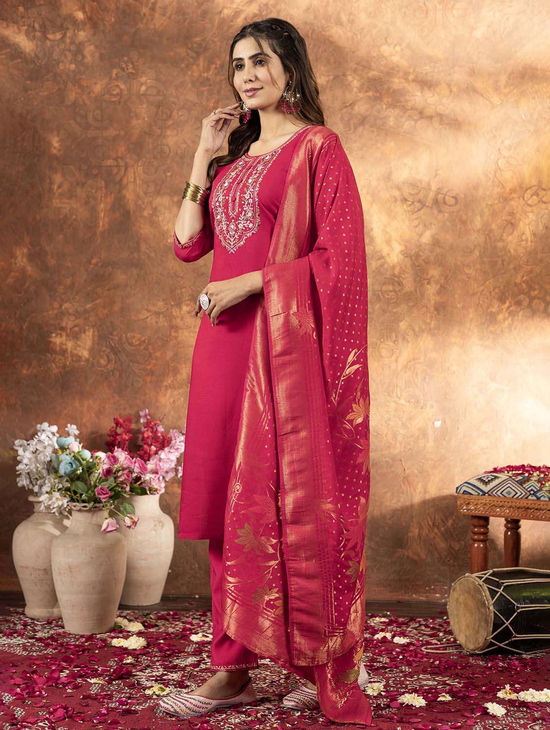 women embroidered three quarter sleeve kurta pant with dupatta set - 22053771 - Standard Image - 2