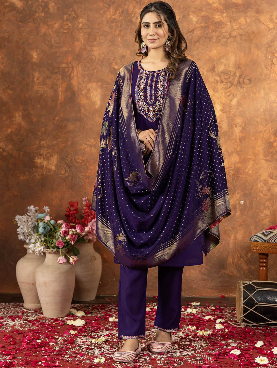 women embroidered three quarter sleeve kurta pant with dupatta set - 22053772 - Standard Image - 2