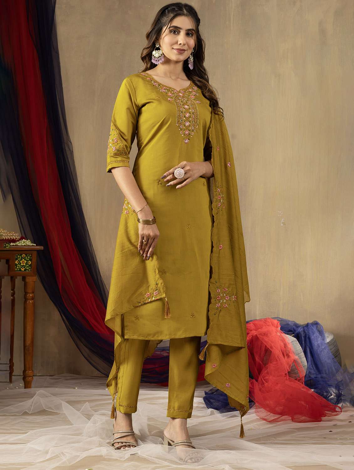 women embroidered three quarter sleeve kurta pant with dupatta set - 22053774 -  Standard Image - 2