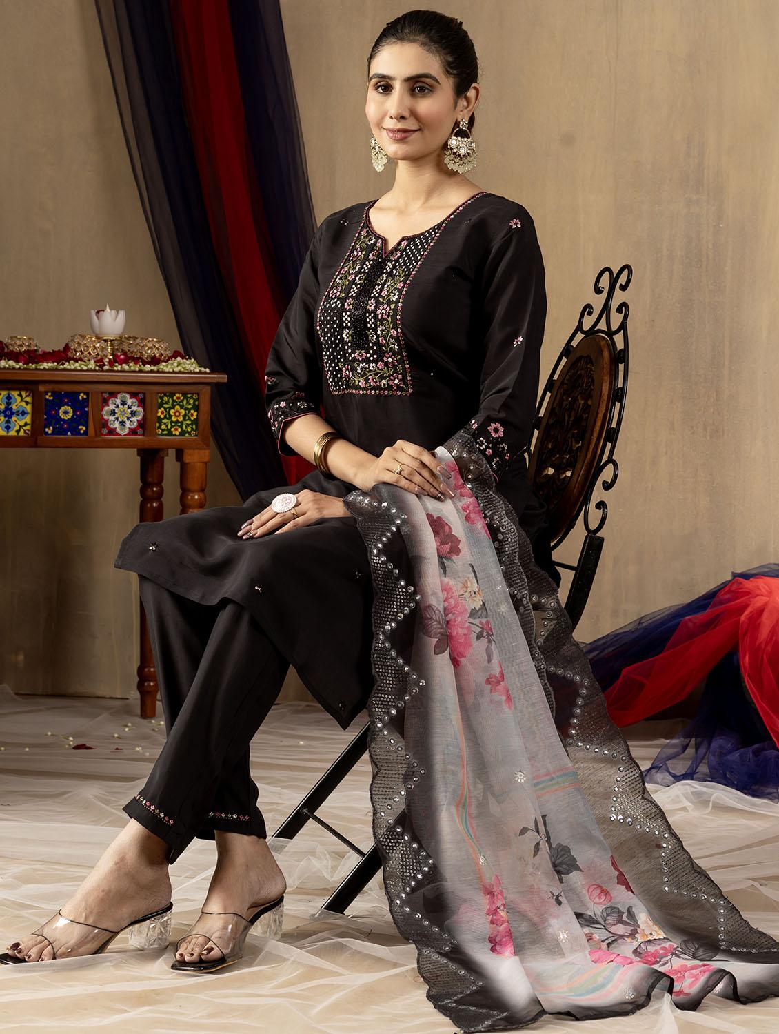 women embroidered three quarter sleeve kurta pant with dupatta set - 22053775 - Standard Image - 2