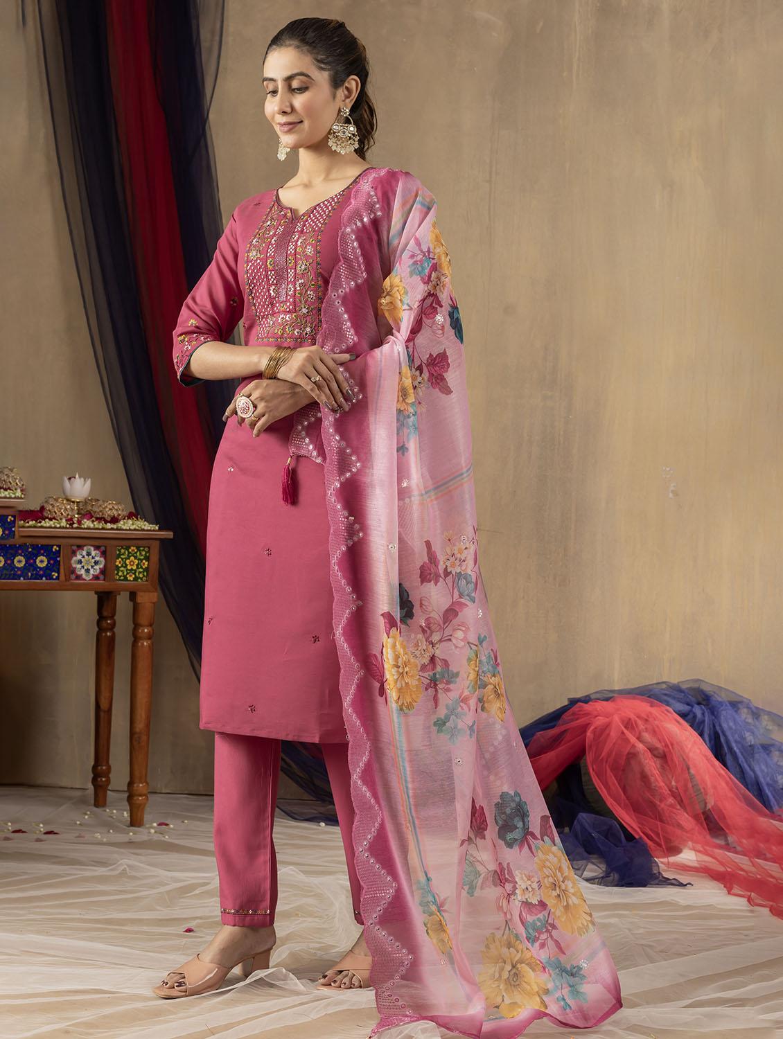 women embroidered three quarter sleeve kurta pant with dupatta set - 22053776 - Standard Image - 2