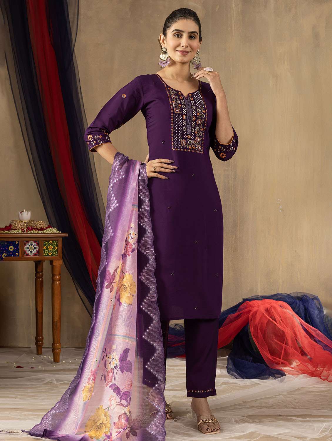 women embroidered three quarter sleeve kurta pant with dupatta set - 22053777 - Standard Image - 2