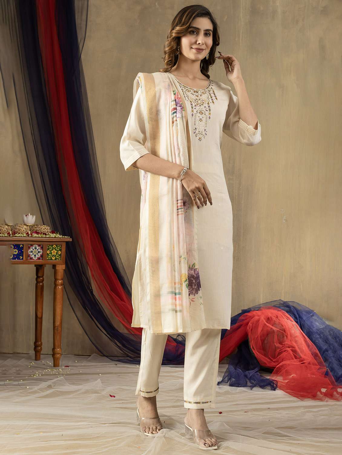 women embroidered three quarter sleeve kurta pant with dupatta set - 22053779 - Standard Image - 2