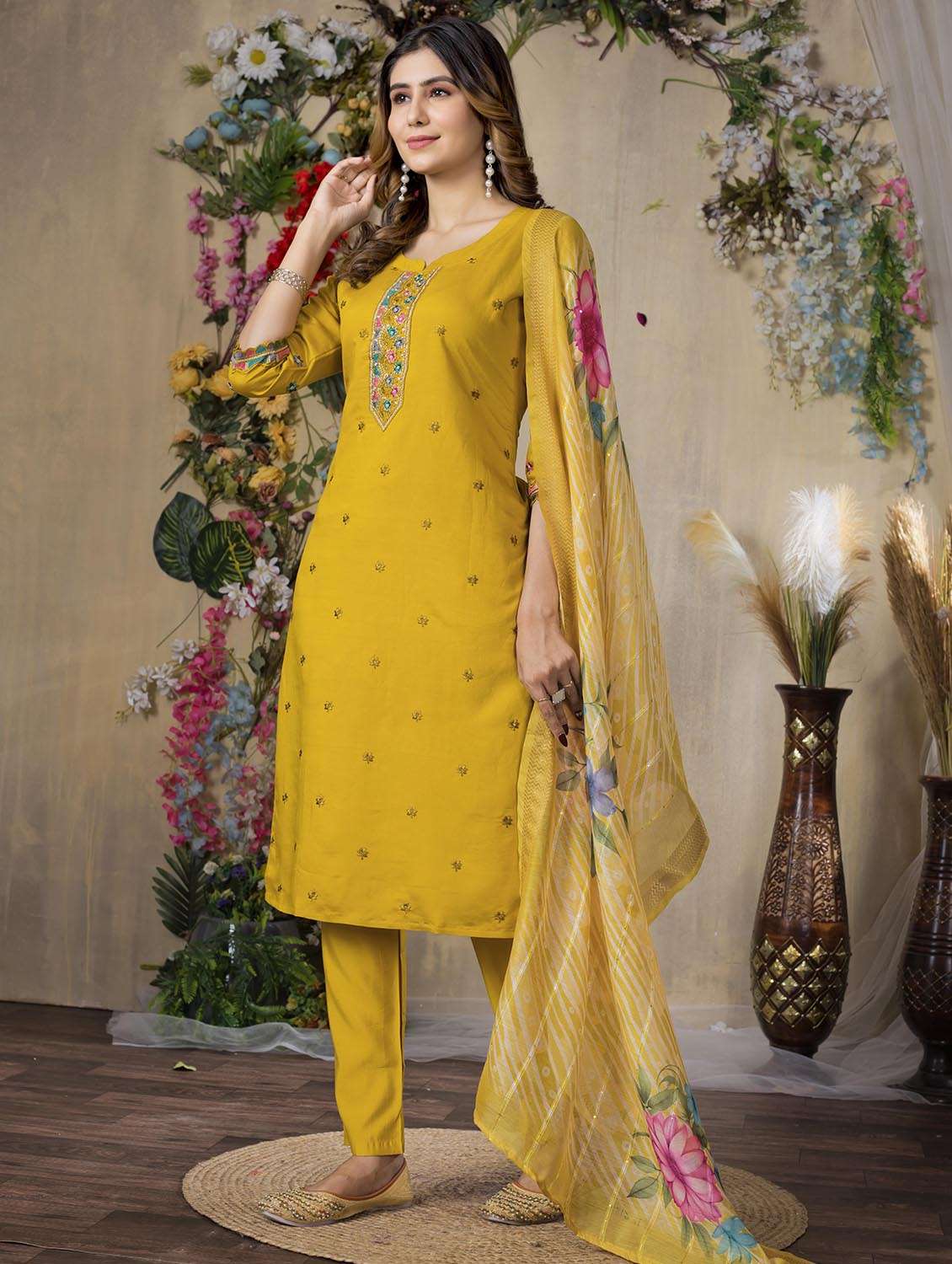 women embroidered three quarter sleeve kurta pant with dupatta set - 22053780 - Standard Image - 2