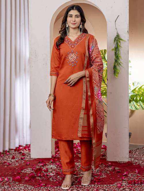 women embroidered three quarter sleeve kurta pant with dupatta set - 22053783 - Standard Image - 0