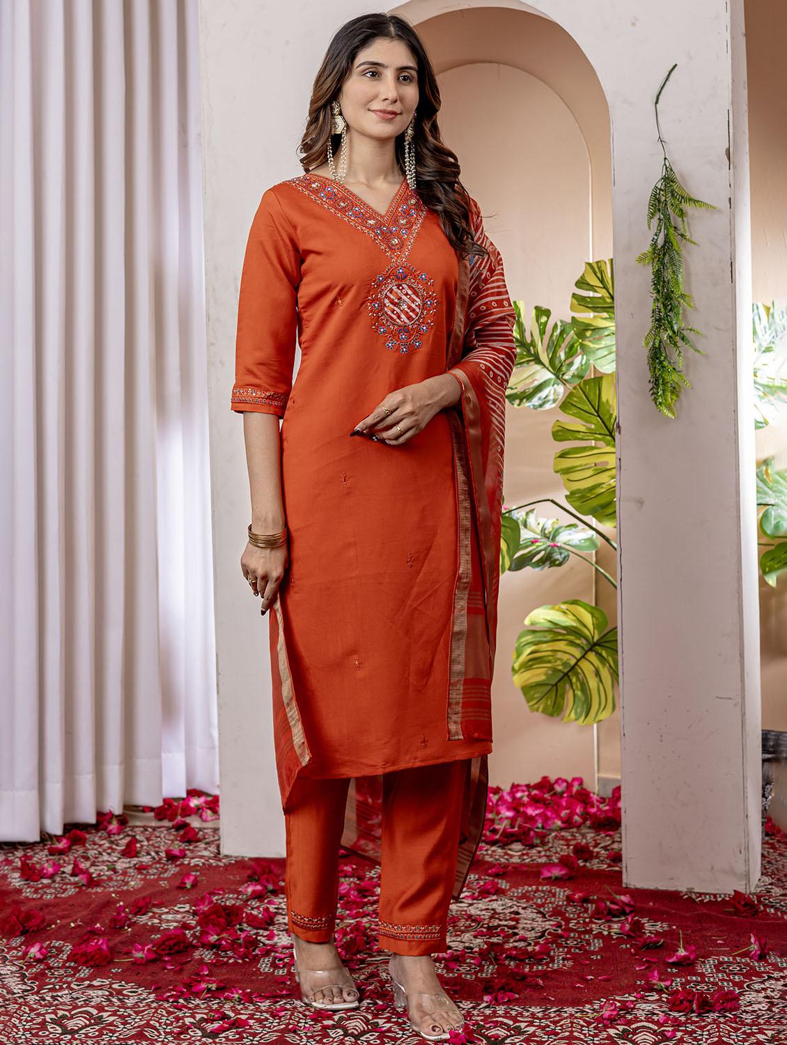 women embroidered three quarter sleeve kurta pant with dupatta set - 22053783 - Standard Image - 2