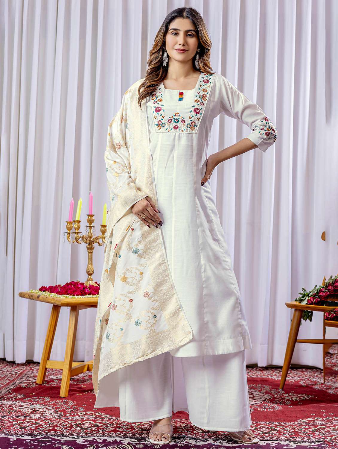 women embroidered three quarter sleeve kurta palazzo with dupatta set