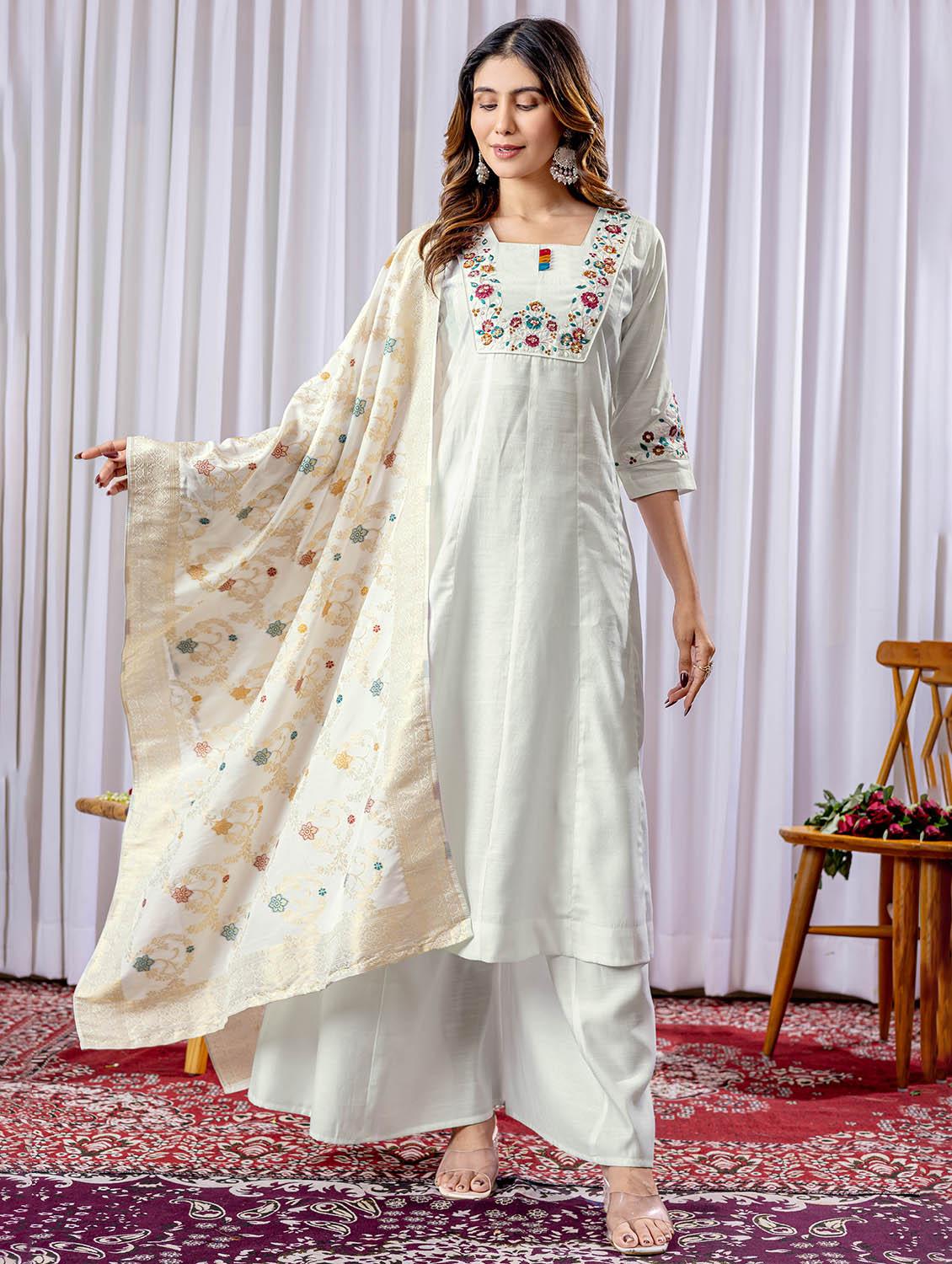 women embroidered three quarter sleeve kurta palazzo with dupatta set - 22053784 - Standard Image - 2