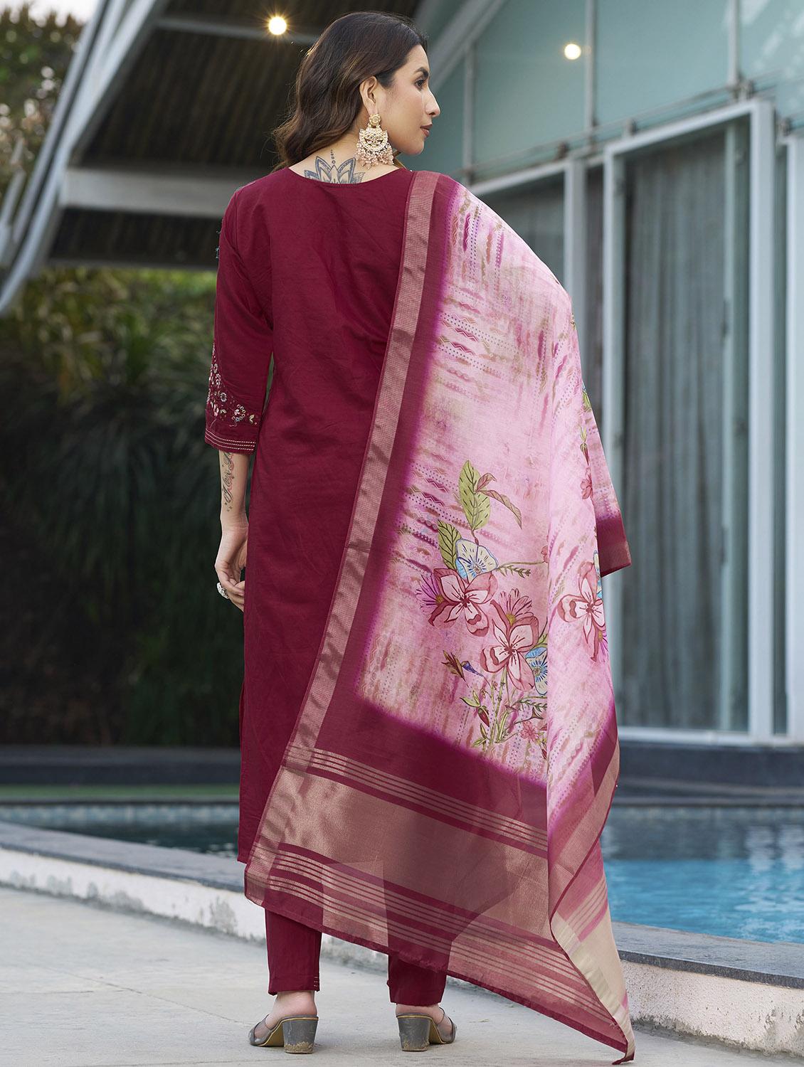women embroidered three quarter sleeve kurta pant with dupatta set - 22053785 - Standard Image - 2