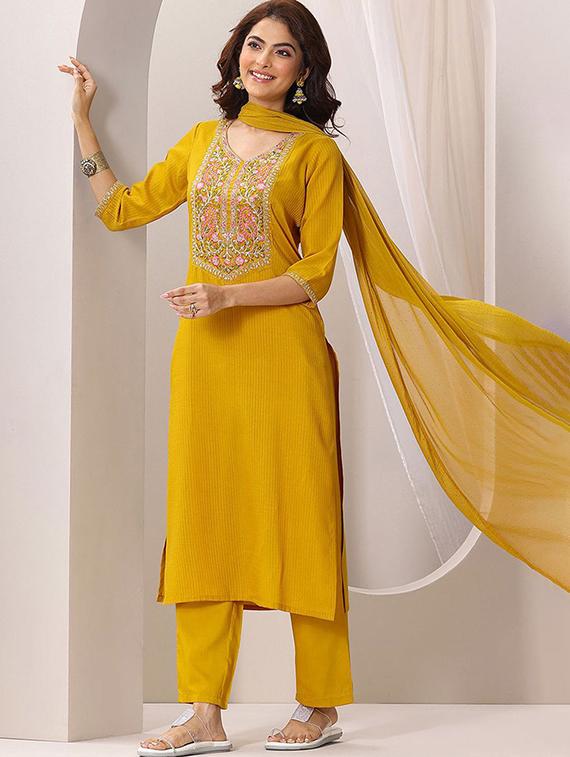mustard rayon straight kurta - 22053799 - Standard Image - 2