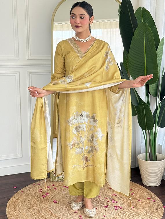 yellow silk blend straight kurta - 22053802 - Standard Image - 2