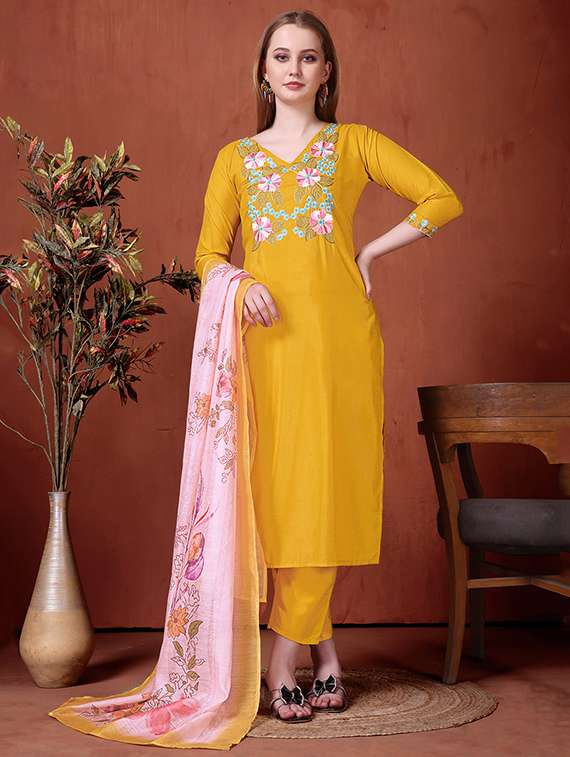 women embroidered three quarter sleeve kurta pant with dupatta set