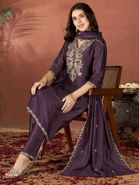 purple silk blend straight kurta - 22053817 - Standard Image - 2