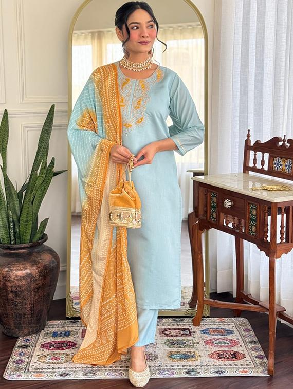 light blue chanderi straight kurta - 22053861 - Standard Image - 2