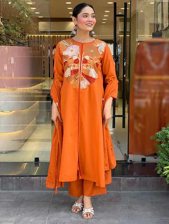 orange chanderi straight kurta - 22053862 - Standard Image - 2