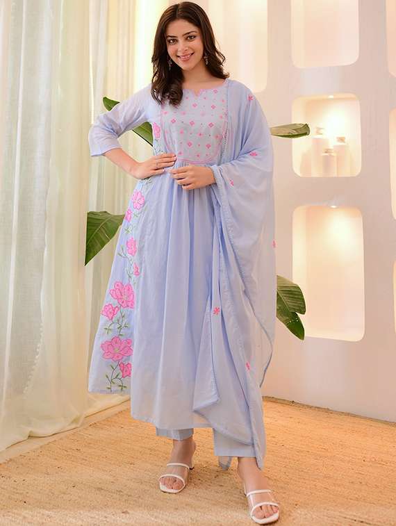 light blue silk blend straight kurta - 22053866 - Zoom Image - 0