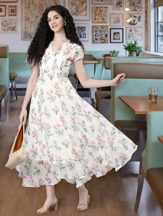 women floral print short sleeve fit & flare dress