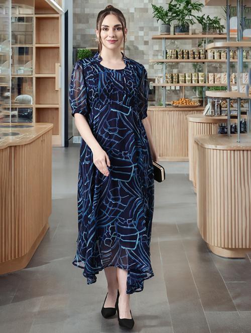 women printed puff sleeve asymmetric dress - 22054105 - Standard Image - 0