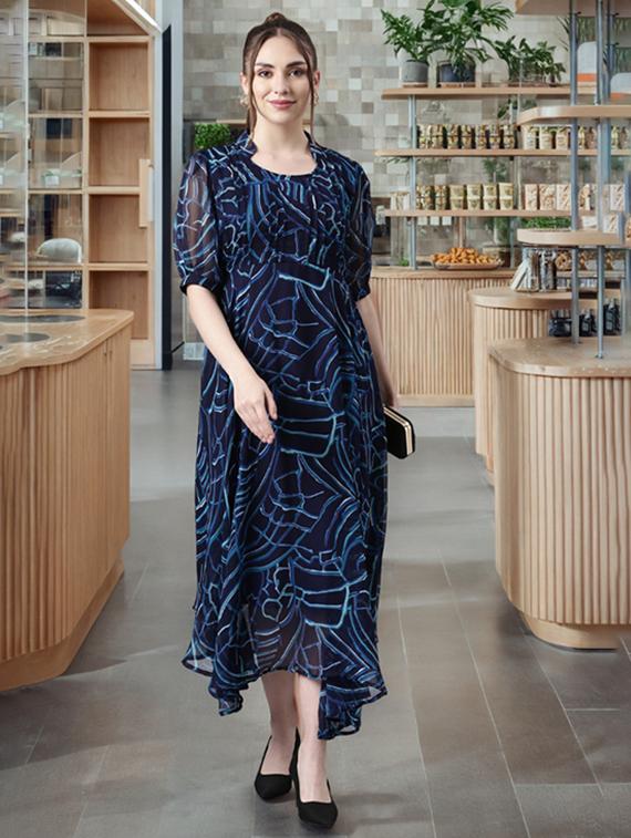 women printed puff sleeve asymmetric dress - 22054105 - Zoom Image - 0