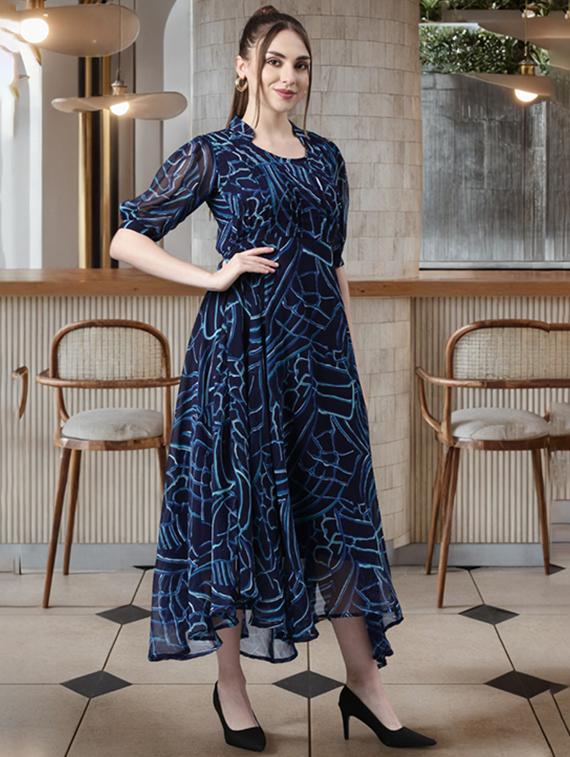 women printed puff sleeve asymmetric dress - 22054105 - Standard Image - 2
