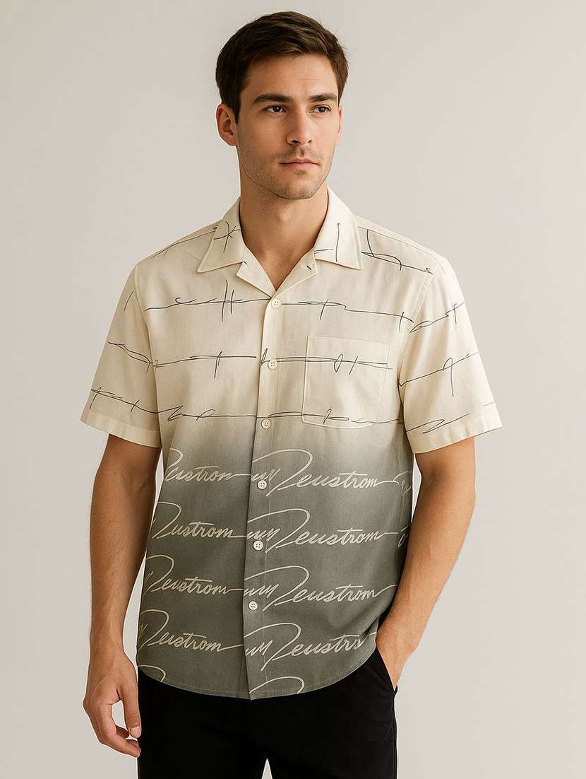 men printed collared short sleeves casual shirt