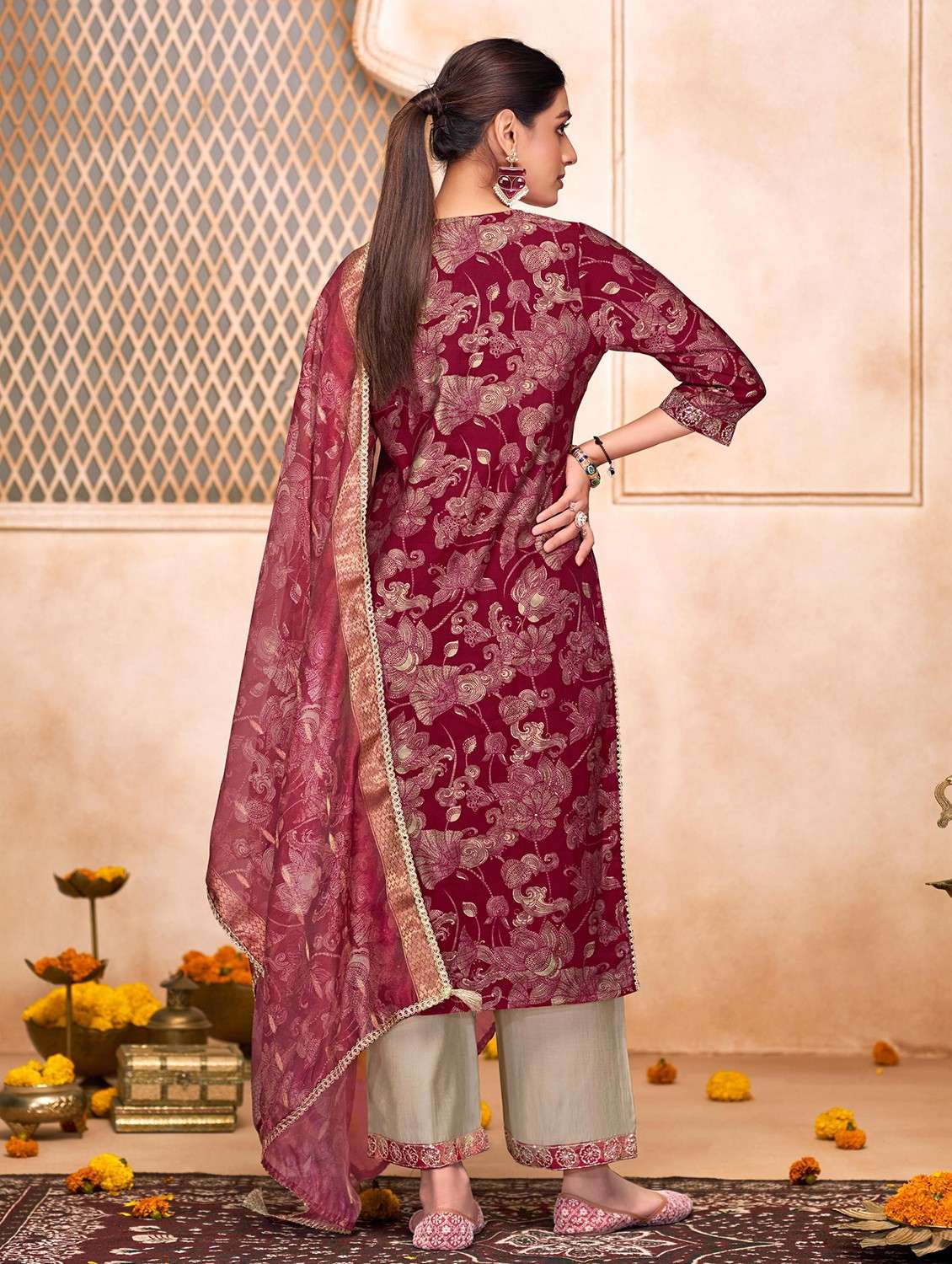 women floral three quarter sleeve kurta pant with dupatta set - 22054128 -  Standard Image - 2