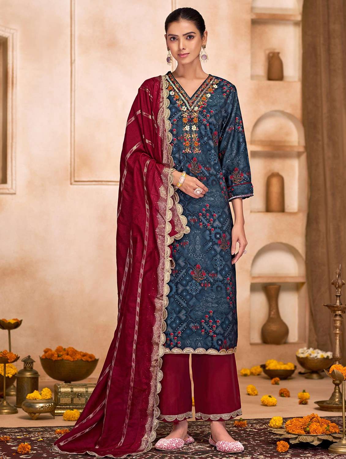 women printed three quarter sleeve kurta pant with dupatta set