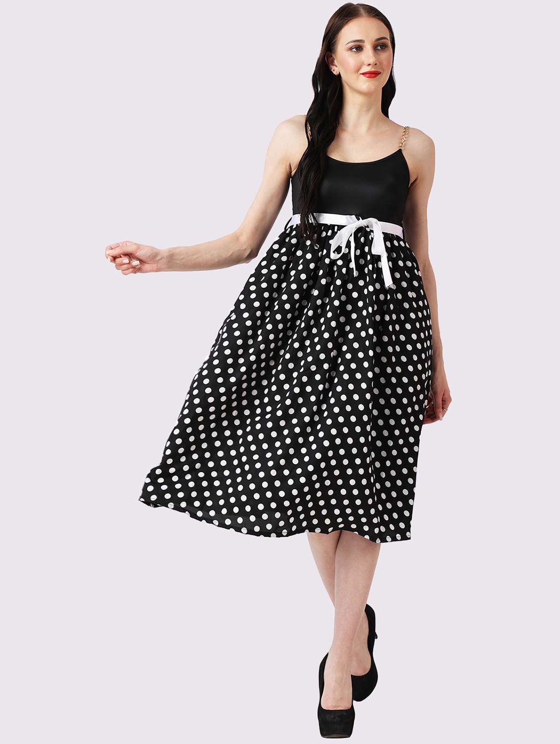 women polk adoted shoulder strap fit & flare dress